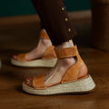 Women's Braided Leather Vintage Wedge Sandals | Round Toe Velcro Strap