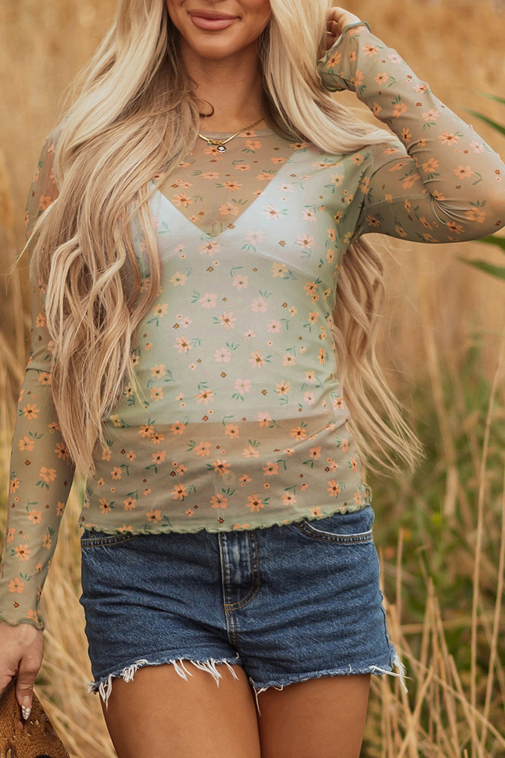 Laurel Green Vintage Floral Print Southern Style Mesh Long Sleeve Top