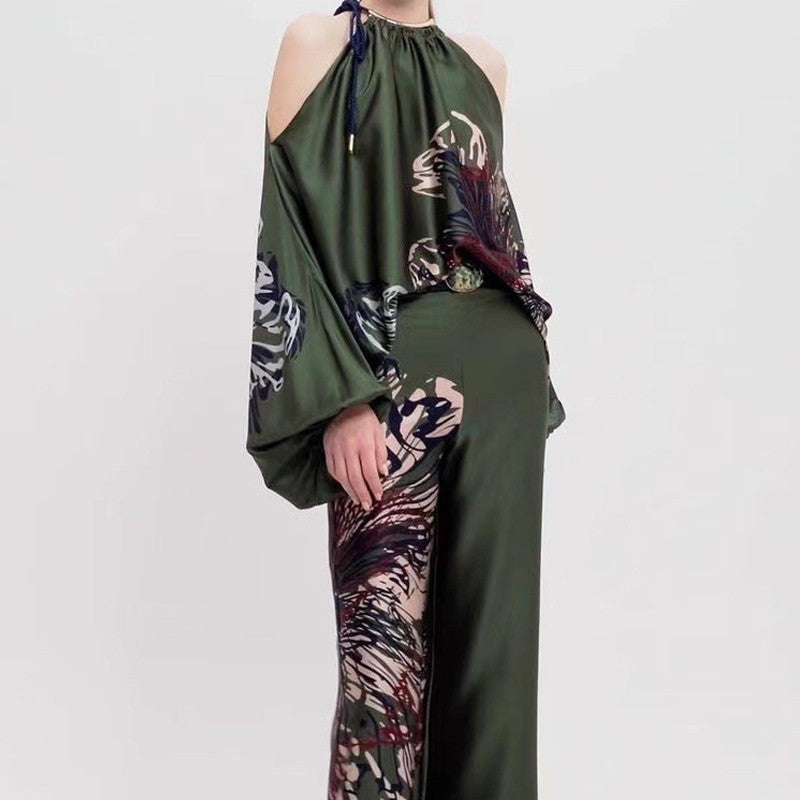 Printing Halterneck Hollow Shoulders Long Sleeve Top And Wide Leg Pants Two Pieces Suits