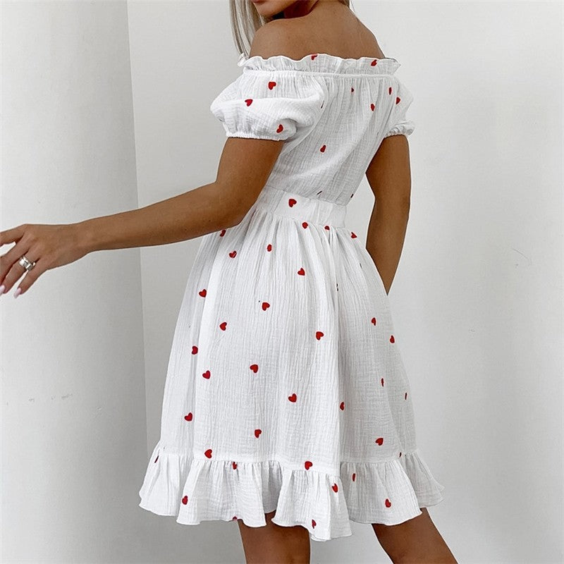Heart Print One-Shoulder Nightgown with Ruffle Hem