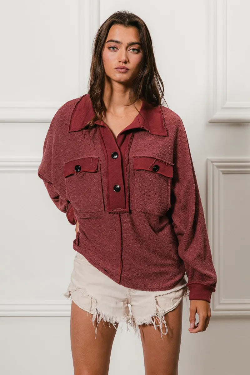 Cp French Terry Cut Edge Detail Collared Top