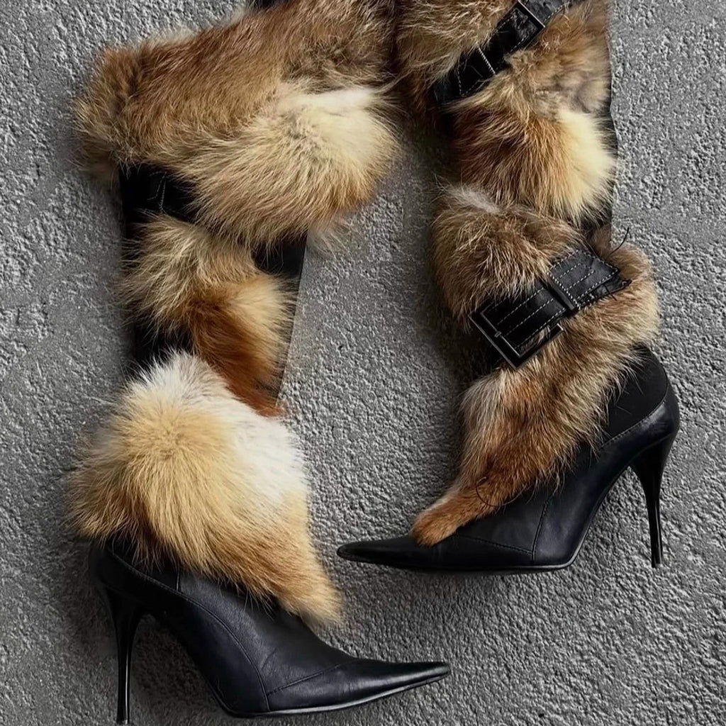 Women's Fluffy Stiletto Thigh-High Boots | Pigskin Slip-On Pointed-Toe Heels