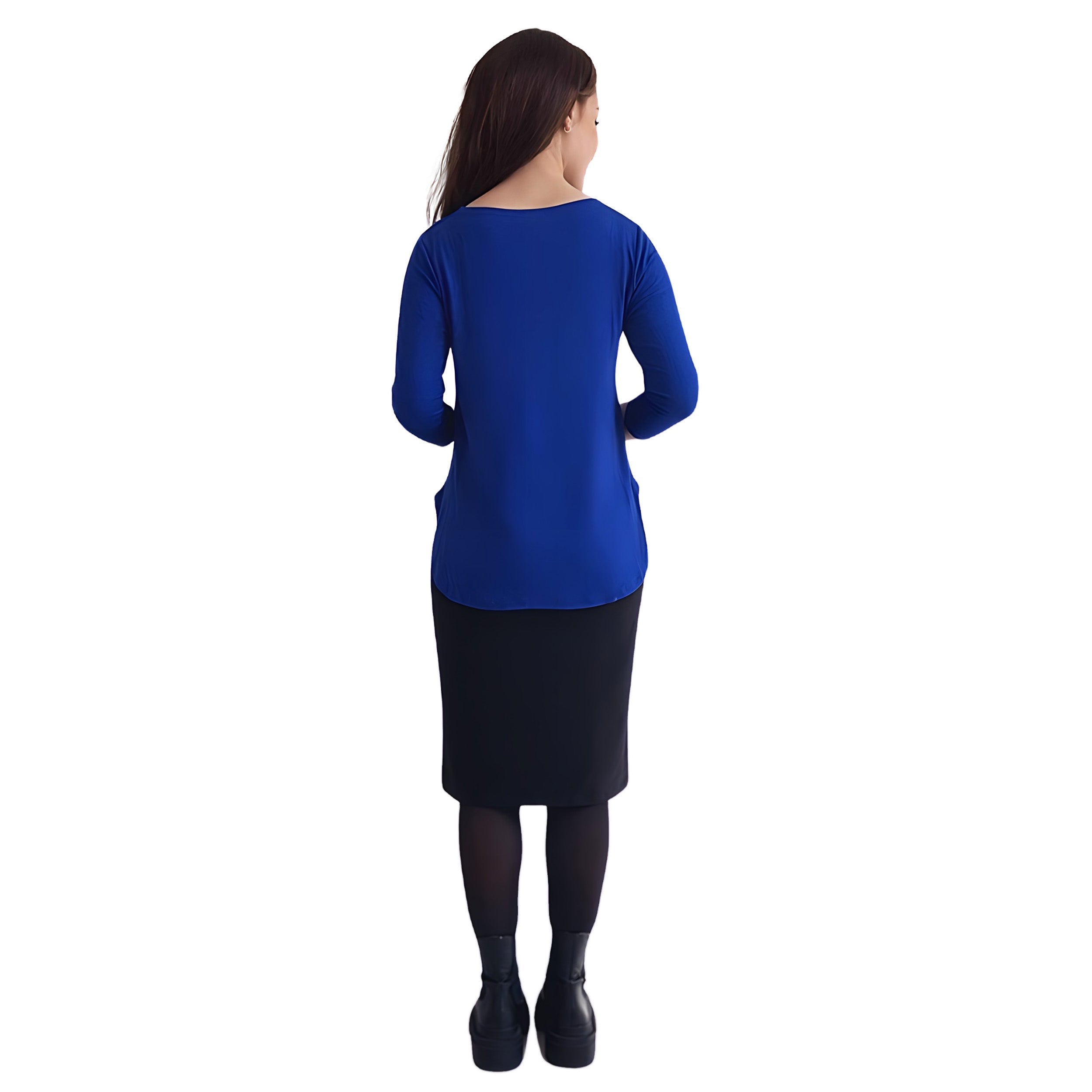 Curved Side Hem Tunic with 3/4 Sleeves and Modest Crew Neckline