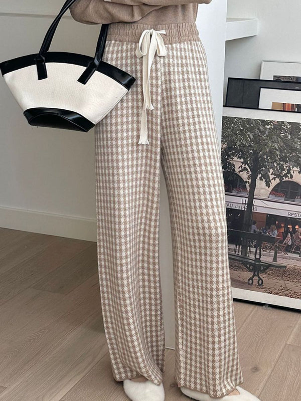 High Waisted Loose Drawstring Elasticity Plaid Pants Trousers