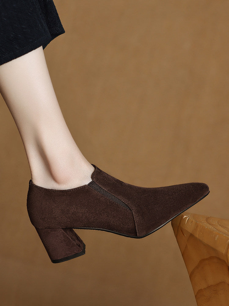 Women's Suede-Texture Pointed-Toe Low Chunky-Heel Slip-On Shoes | Black & Brown