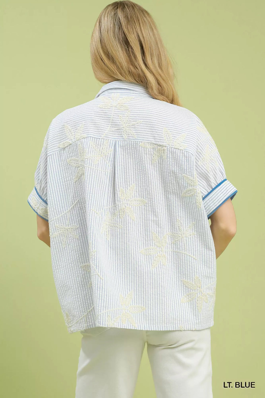 Striped Embroidered Blouse with Scallop Trim