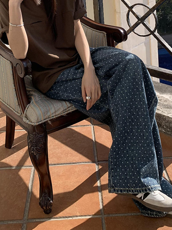 Loose Wide Leg Polka-Dot Split-Joint Jean Pants Bottoms
