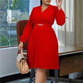 Stylish V-Neck Pleated Dress in Solid Color