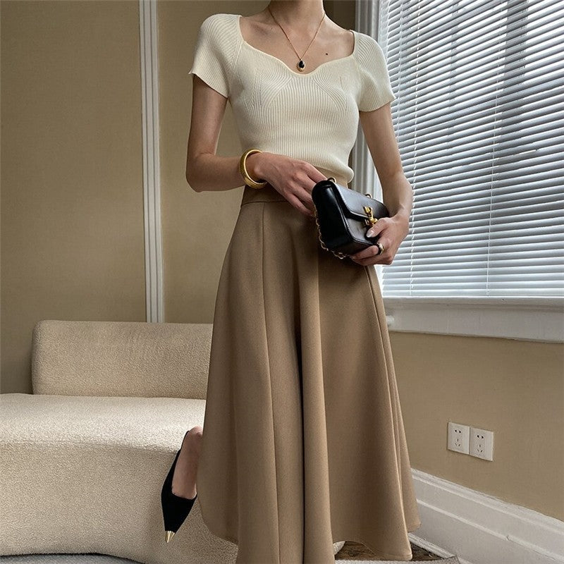 High-Waisted A-Line Midi Skirt in Solid Color