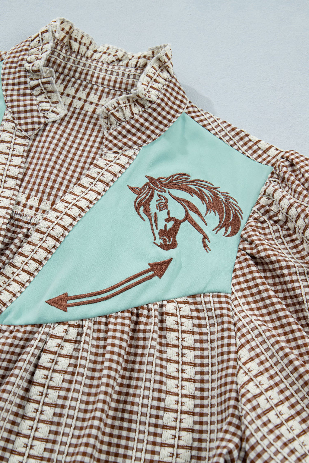 Brown Western Pony Embroidered Yoke Puff Sleeve Gingham Blouse