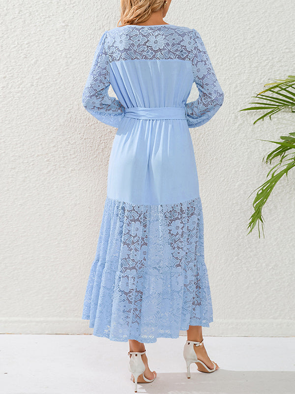 A-Line Long Sleeves Belted Elasticity Mesh Solid Color Split-Joint Round-Neck Maxi Dresses