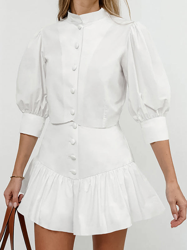 Half Sleeves Loose Buttoned Pleated Solid Color Split-Joint Stand Collar Blouses Top +  Skirts Bottom Two Pieces Set