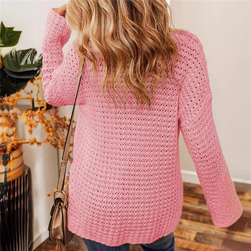 Solid Color Hollow Out Long Sleeve Sweater