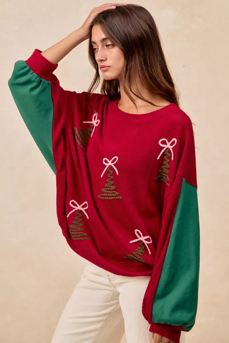 Christmas Theme Tree Embroidered Sweater
