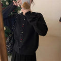 Solid Color Long Sleeve Crewneck Buttoned Short Cardigan Sweater