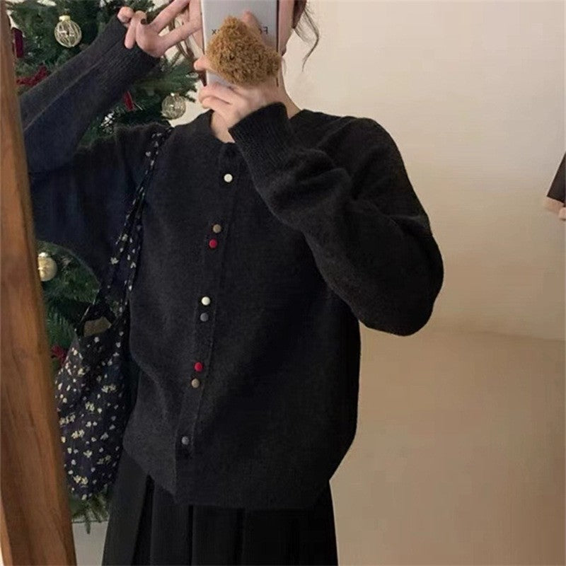Solid Color Long Sleeve Crewneck Buttoned Short Cardigan Sweater