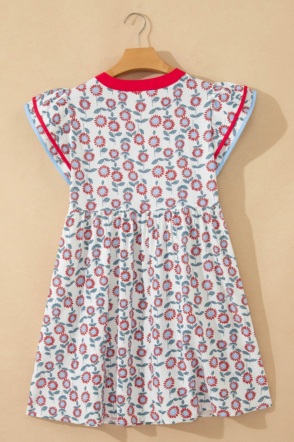 Red Floral Print Contrast Trim Flutter Sleeve Mini Dress