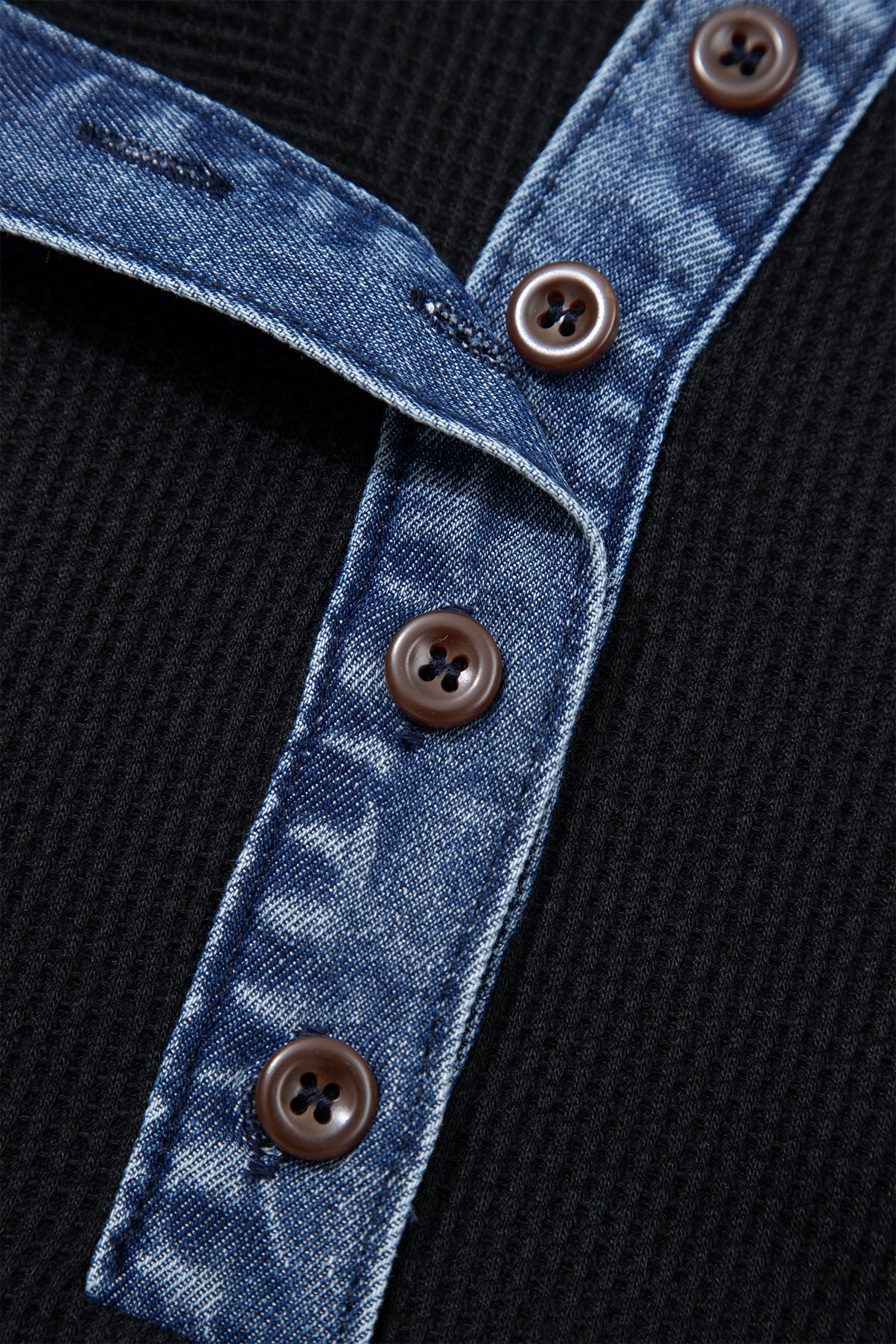Black Waffle Knit Denim Contrast Trim Patchwork Button Collar Top