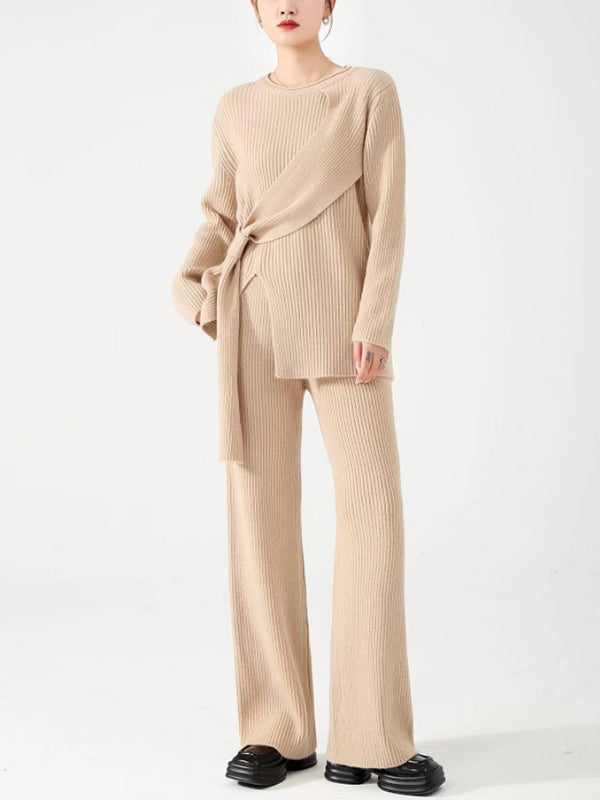 Loose Asymmetric Solid Color Split-Front Round-Neck Long Sleeves Sweater Top   Pants Bottom Two Pieces Set