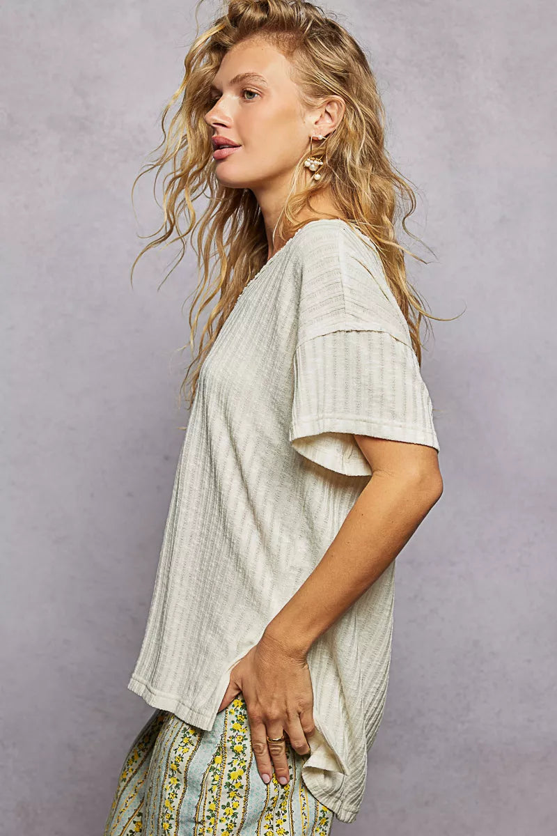 Ribbed Knit V-Neck Short Sleeve T-Shirt with Side Slit