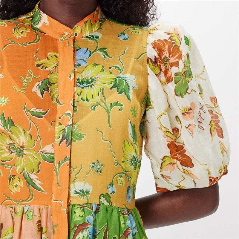 Floral Print Midi Dress with Bubble Sleeves
