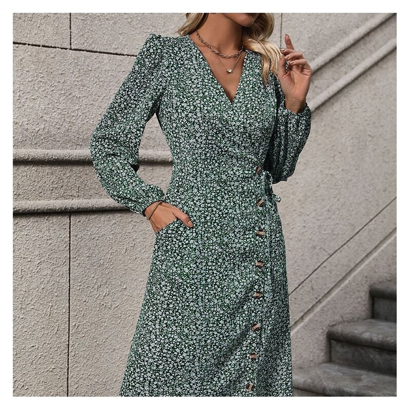 Stylish Wrap Long Sleeve Floral Dress