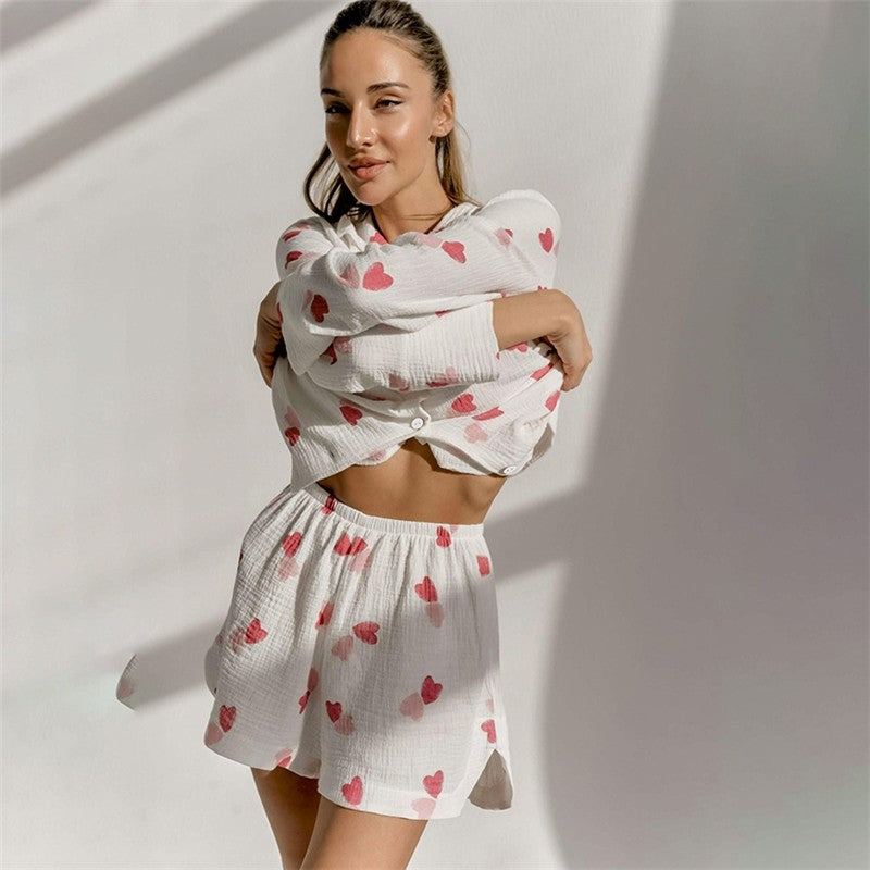 Heart Print Long Sleeve Shorts Pajama Set
