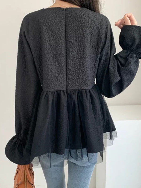 A-Line Flared Sleeves Elasticity Mesh Solid Color Split-Joint Round-Neck Blouses&Shirts Tops