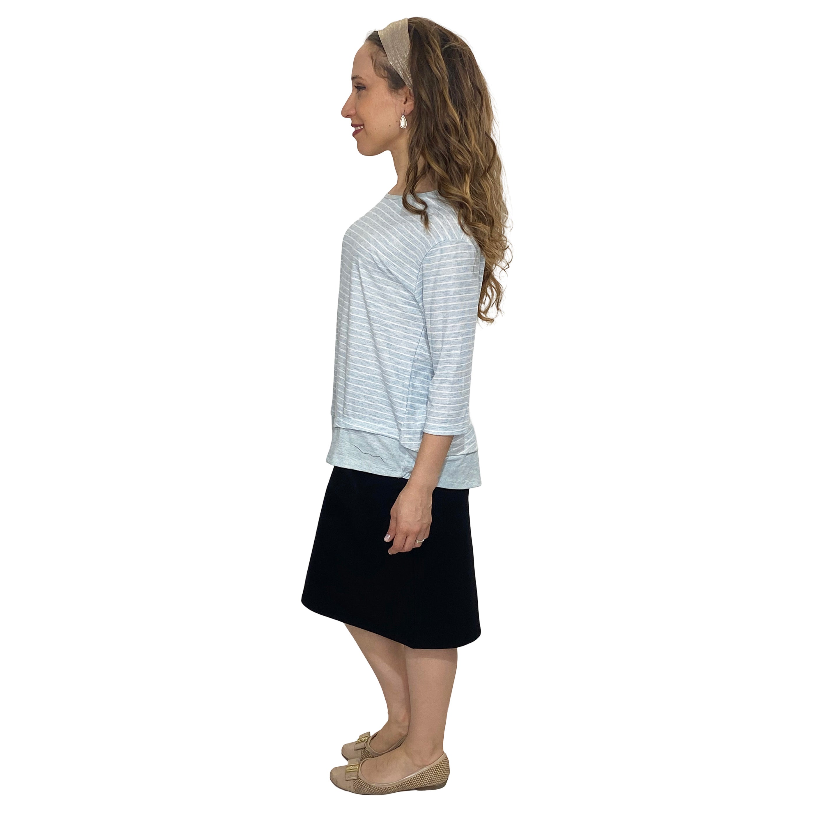 3/4 Sleeve Modest Striped Rib Knit Top with Solid Panel - Hip Length Casual Comfort