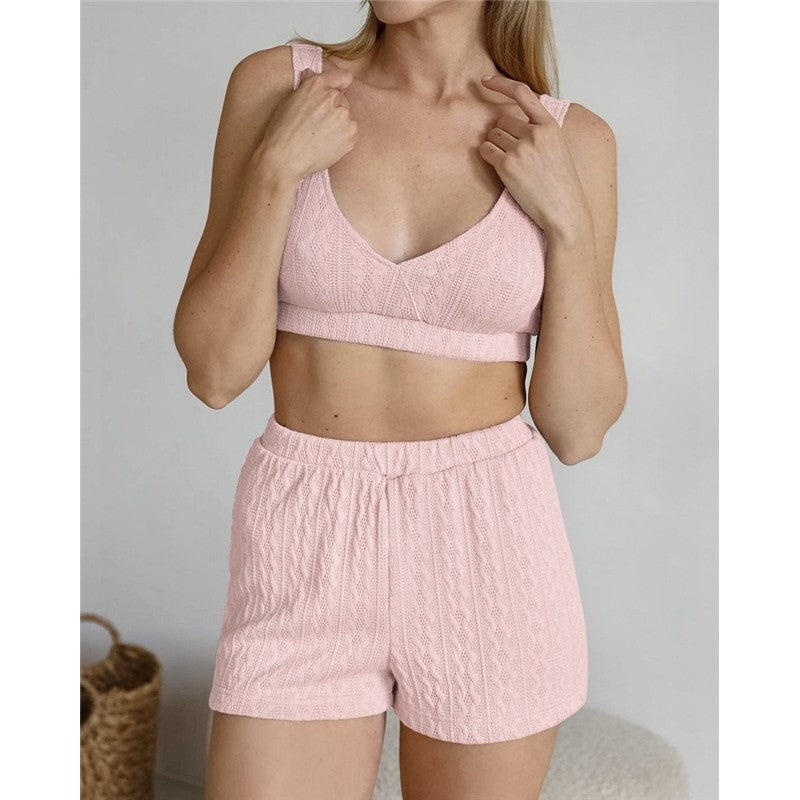 Knitted Bralette, Waist-Tied Cardigan, and Shorts Set - Solid Color Loungewear