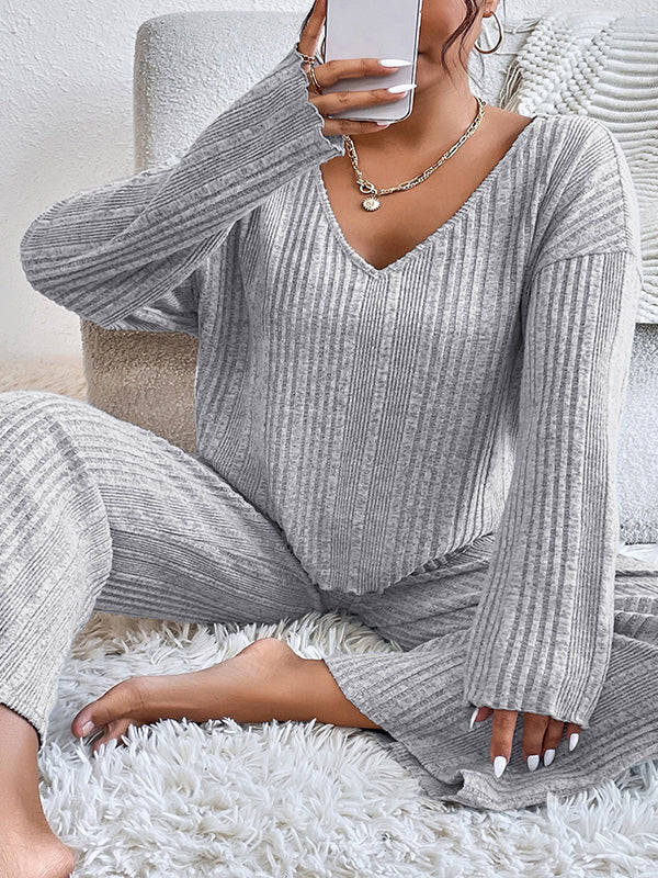 Long Sleeves Loose Solid Color V-Neck Shirt Top + Pants Bottom Pajama Sets