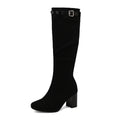 Chunky-Heeled Over-the-Knee Boots with Color-Block Leather Belt Buckle - Women's High Fashion Boots