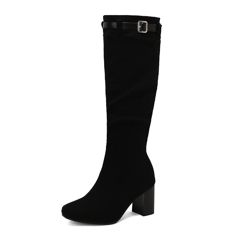 Chunky-Heeled Over-the-Knee Boots with Color-Block Leather Belt Buckle - Women's High Fashion Boots