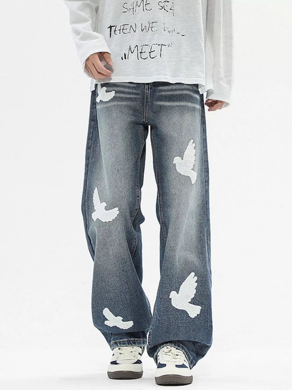 Men's Full Size Dove Applique Baggy Jeans Plus Size