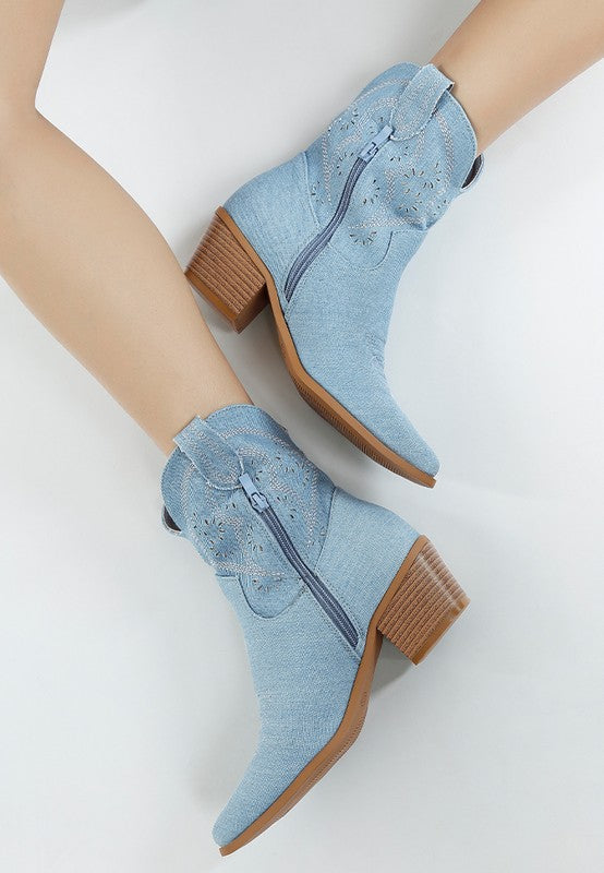 Nigara Cut Out Detail Denim Cowboy Boots