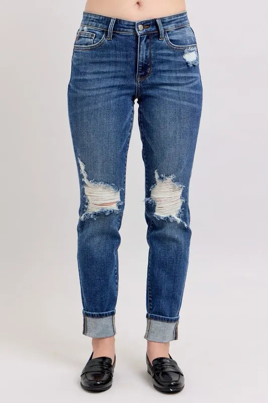 Full Size Mid Rise Boyfriend destroy Jeans with Yoke Pockets and Faux Selvedge Cuff Plus Size