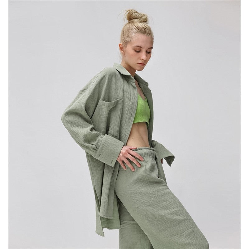 Solid Color Loose Long Sleeve Lapel Buttoned Waist Tied Blouse and Pants Two-Piece Loungewear Set