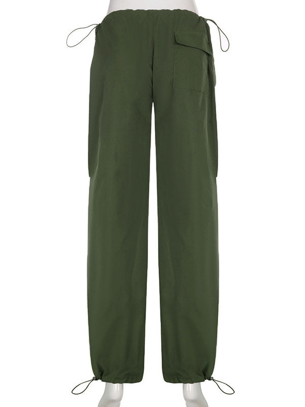 High Waisted Loose Drawstring Pleated Solid Color Pants Trousers