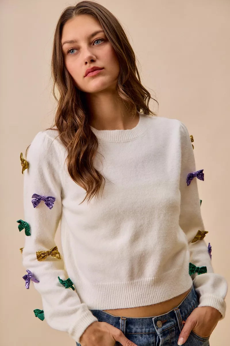 Mardi Gras Glitter Bow Ribbon Sweater Knit Top