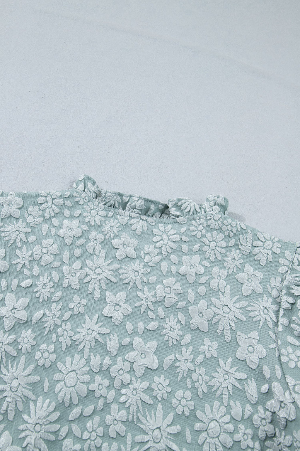 Iceland Blue Floral Textured Jacquard Puff Sleeve Blouse
