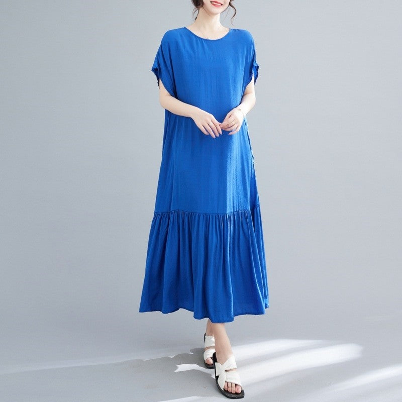 Loose Fit Solid Color Crewneck Short Sleeve Casual Maxi Dress