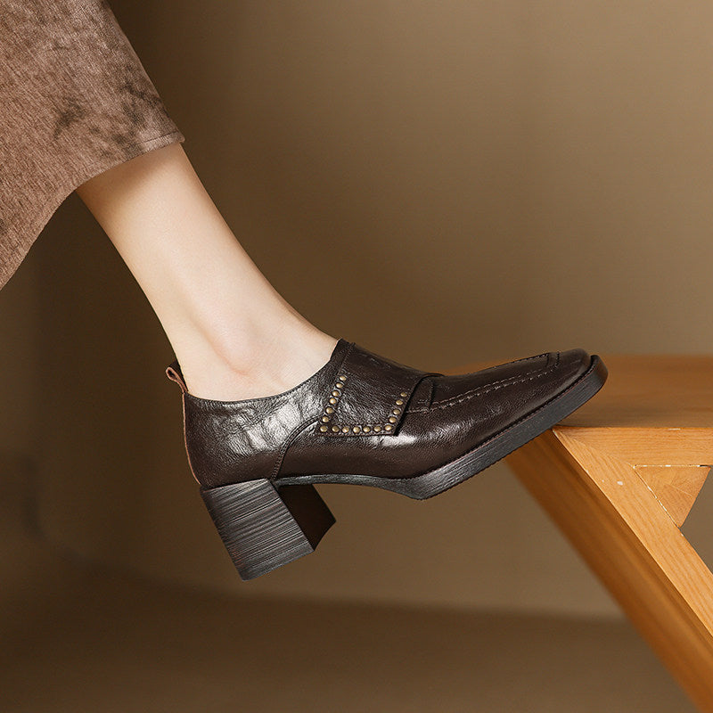 Women's British Style Square-Toe Chunky Heel Pumps | Studded Deep-Vamp High Heels