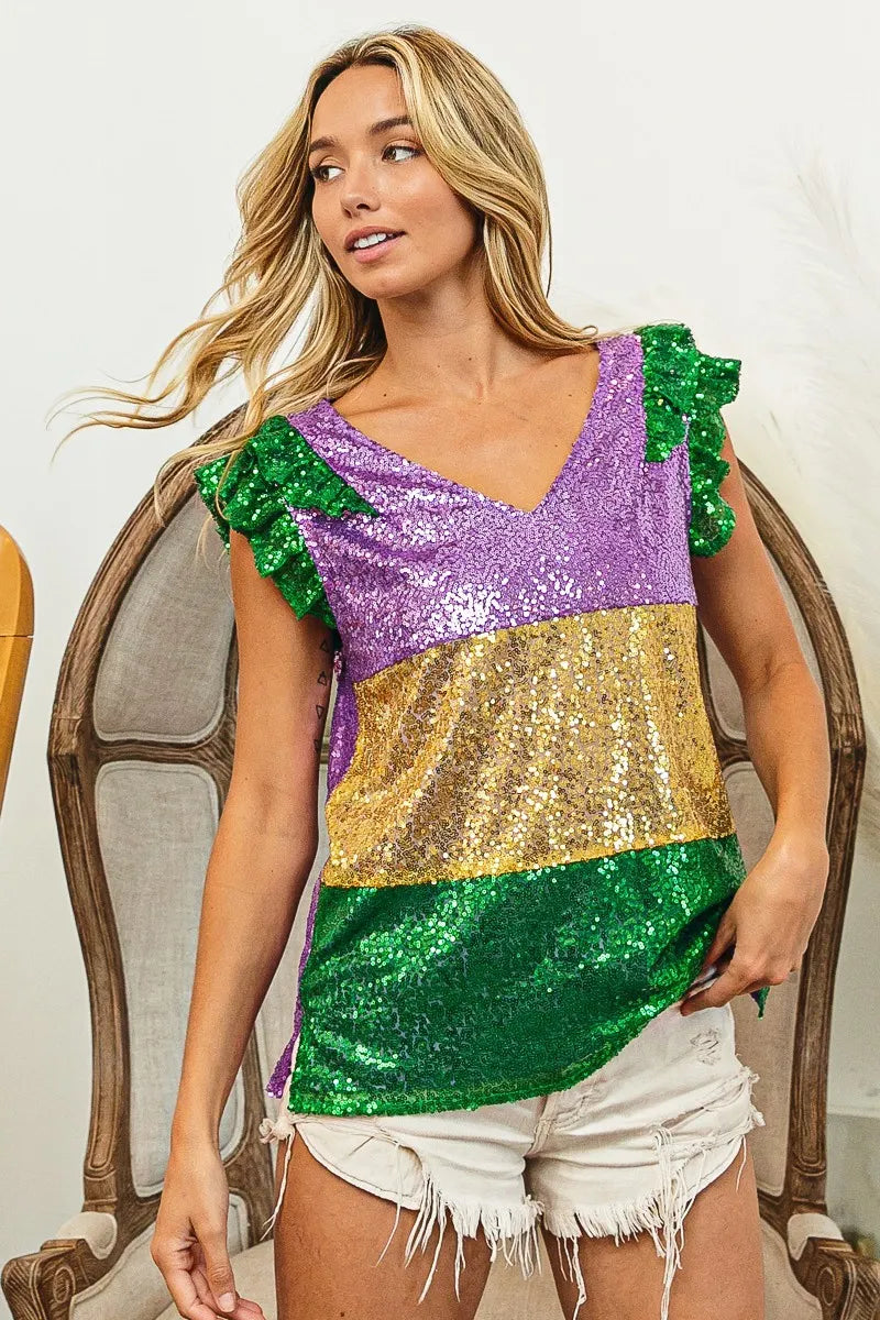 Mardi Gras Sequin Color Block Ruffled Top