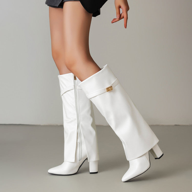 Women's Pointed-Toe High-Shaft Mid-Calf Boots with Metal Buckles | Chunky Heel Side Zipper