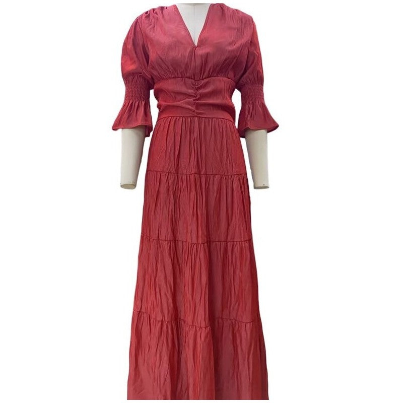 Chic Solid V-Neck Long Sleeve Midi Dress