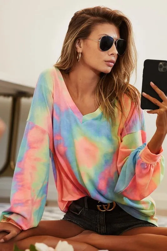 I am a Fashion Junky Tie Dye French Terry V Neck Top