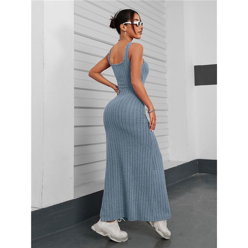 Solid Color Sleeveless Square Neck Slim Knitted Maxi Dress