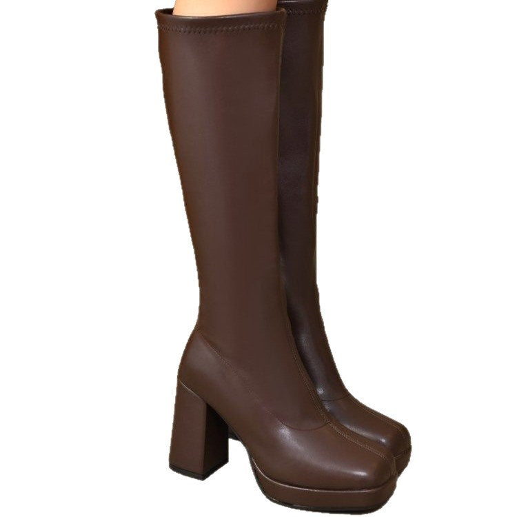 Women's Chunky Heel Stretch Boots – Thick Sole, High Shaft | Brown & Black
