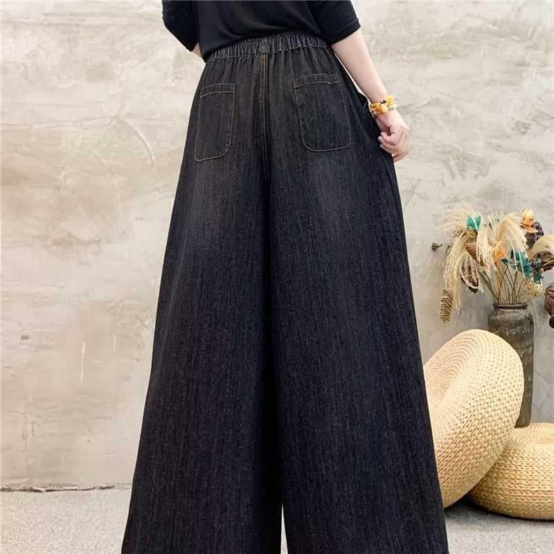 Embroidered High-Waisted Wide Leg Trousers With Tie Waist