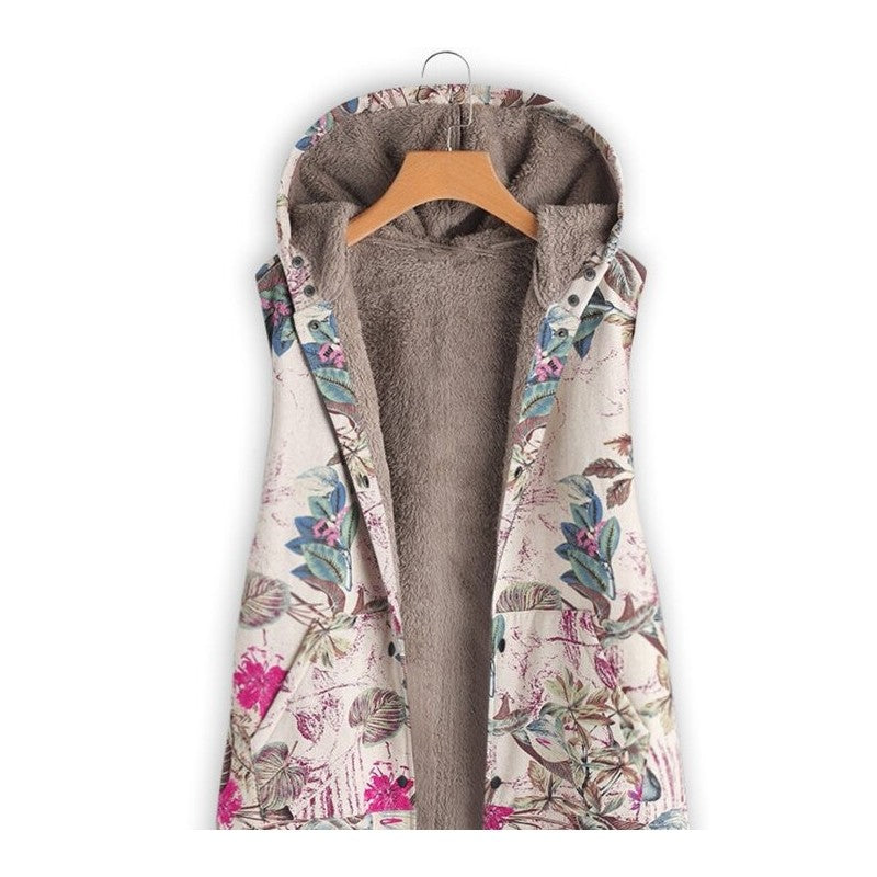 Vest With Vintage Print Hood And Mid-Length For Warmth